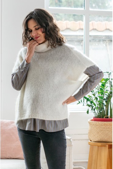 Pull poncho col roulé ecru